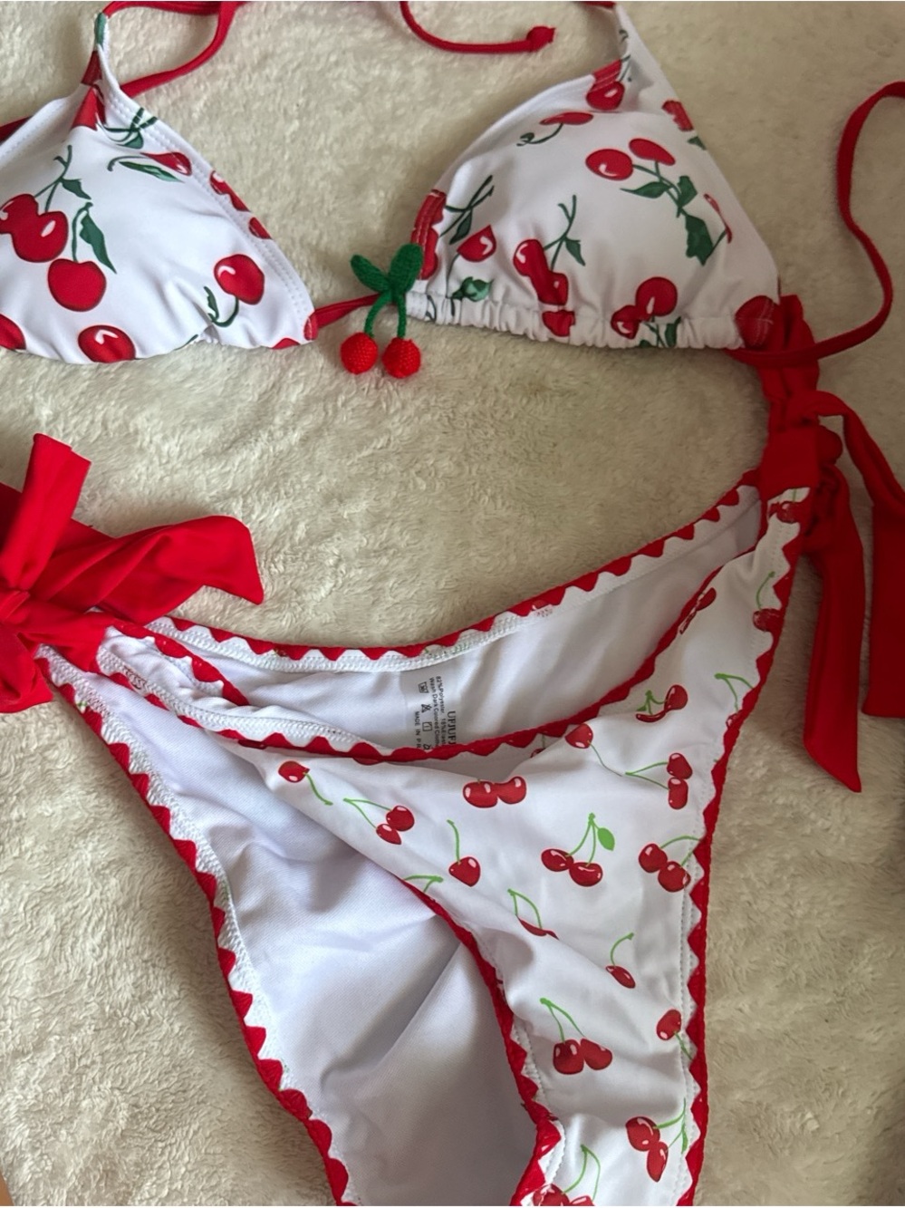 White & Red Cherry Print Triangle Bikini Set - Women